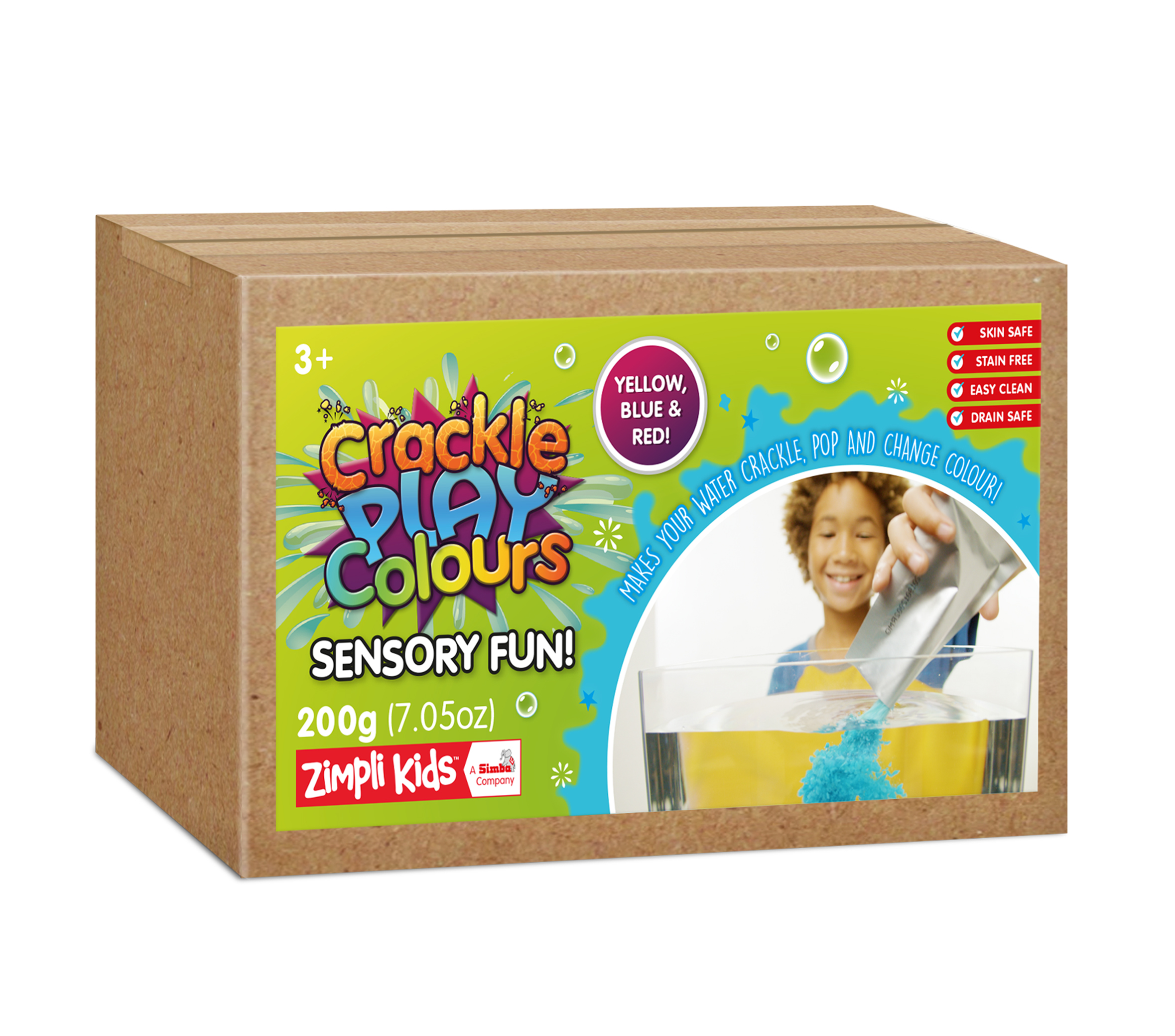 CRACKLE PLAY COLOURS - SENSORY FUN - MIXED COLOURS (RED, YELLOW & BLUE) - 200G 12 COUNT CASE (RRP £12.99)